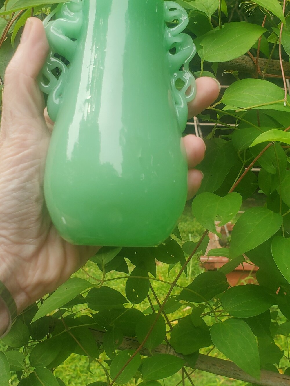 FREE WITH PURCHASE Decorative Jade Art Glass Vase with Sculpted Loop Handles - Picture 8 of 8